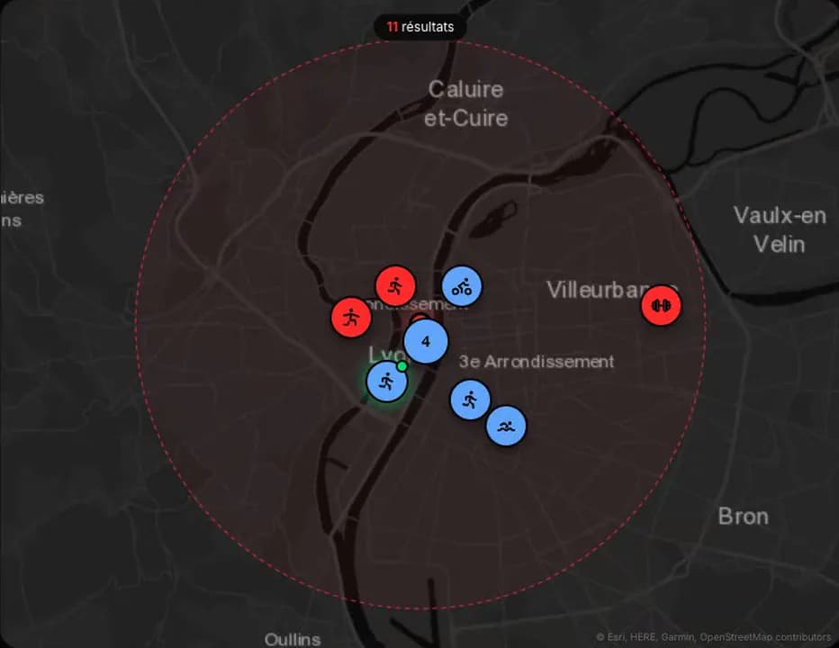 Carte Trouver : partenaires et coachs épinglés autour de Lyon dans un rayon de 5 km